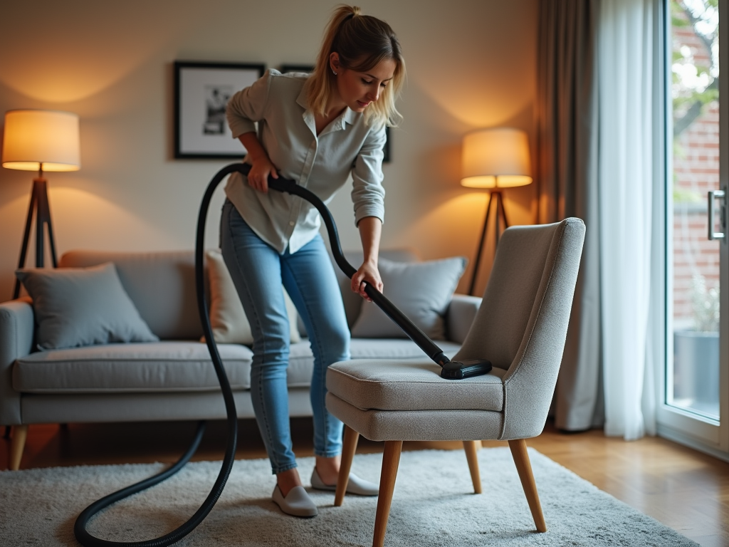 Woman using a vacuum cleaner on a chair in a cozy living room.