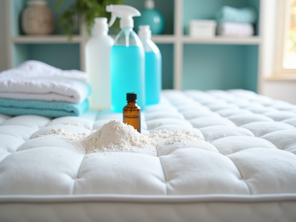 Laundry detergent powder on a white mattress with towels and cleaning supplies in the background.