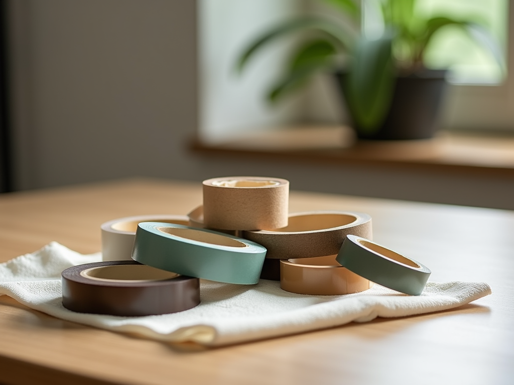 Several rolls of colorful tape displayed on a table near a plant.