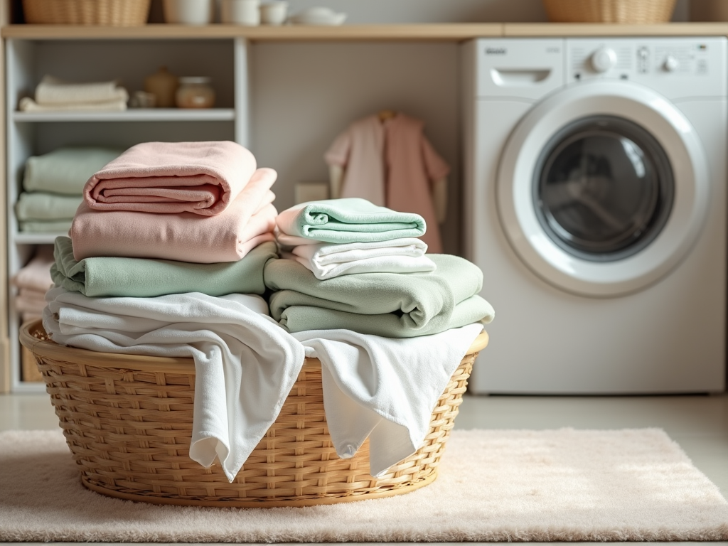 Freshly laundered clothes folded in a basket with a washing machine in the background.