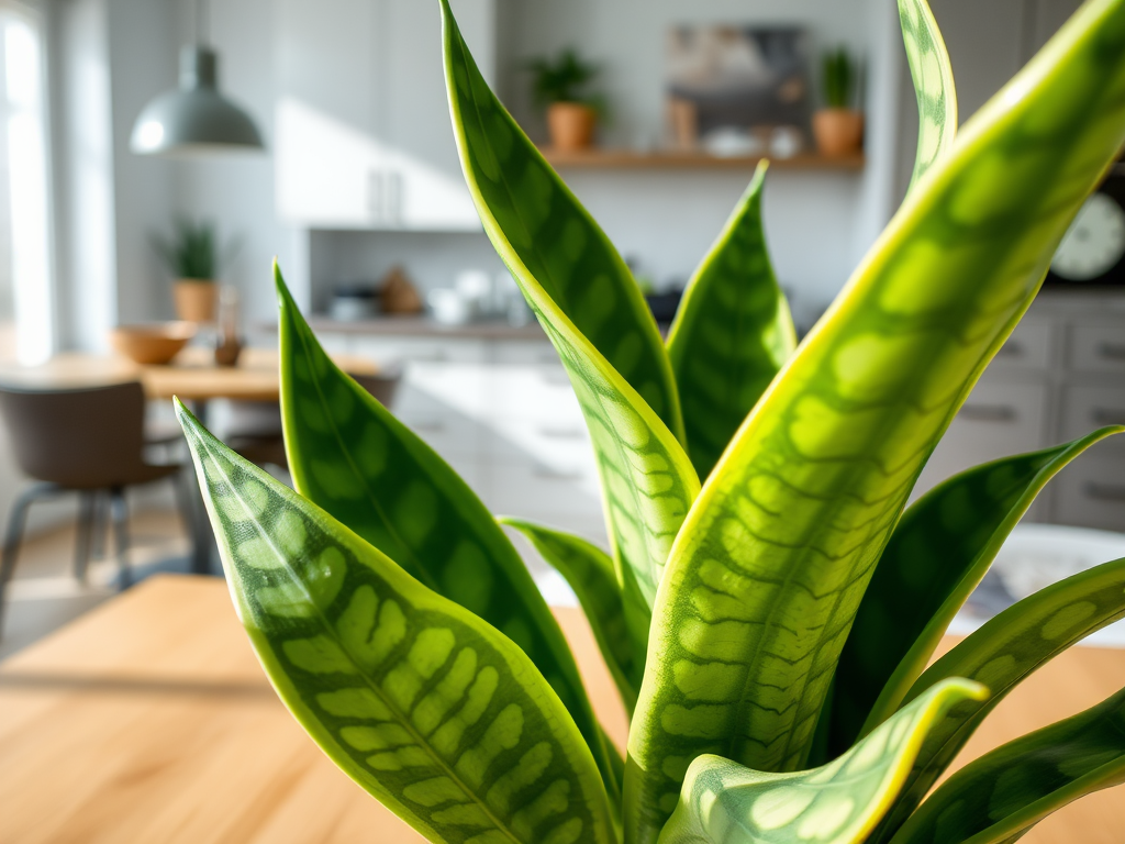 A close-up of vibrant green leaves of a plant, with a bright kitchen in the background. Sunlight streams in.