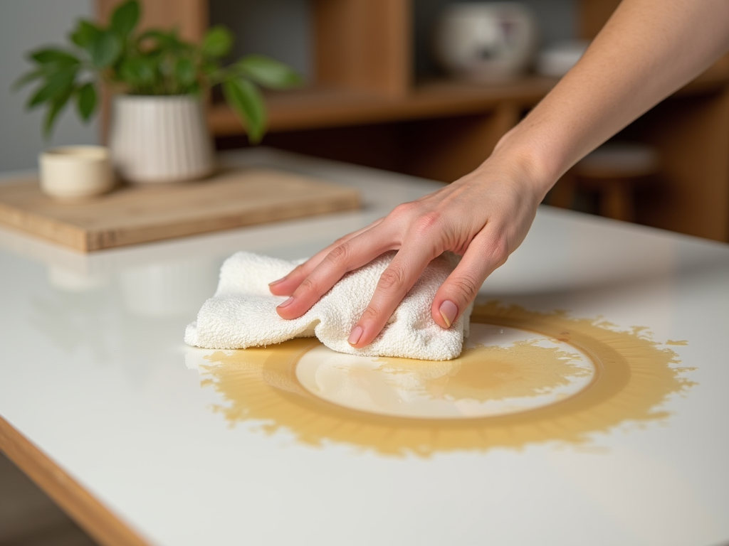 A person cleaning up a spilled liquid on a white table with a cloth.