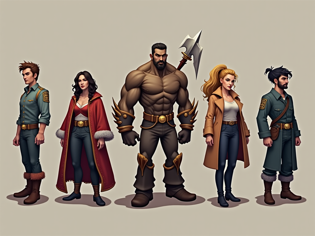 Five stylized characters lined up, featuring a diverse range of outfits from military to fantasy armor.