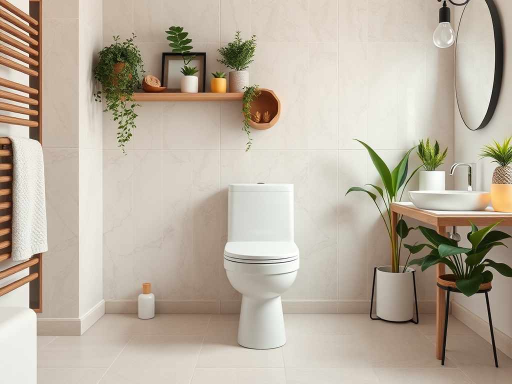 A modern bathroom featuring a white toilet, plants, wood accents, and a stylish sink area with a mirror.