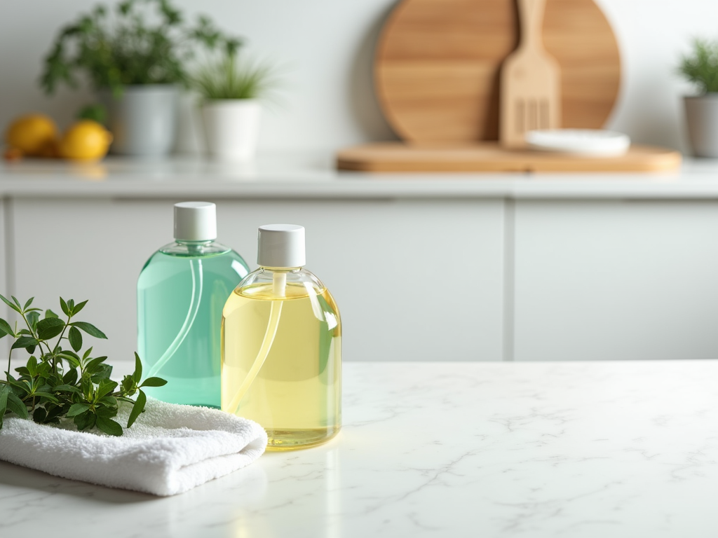 Two bottles of liquid soap on a kitchen counter with plants in the background.