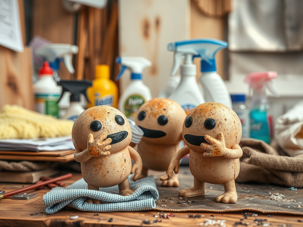 Three playful, round characters with smiles and speckled surfaces sit on a cluttered workbench surrounded by cleaning supplies.