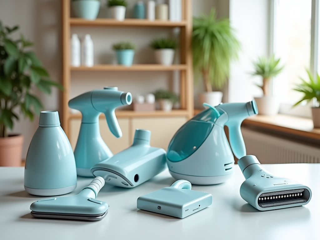 Assortment of teal household cleaning appliances displayed on a white surface, with plants in background.