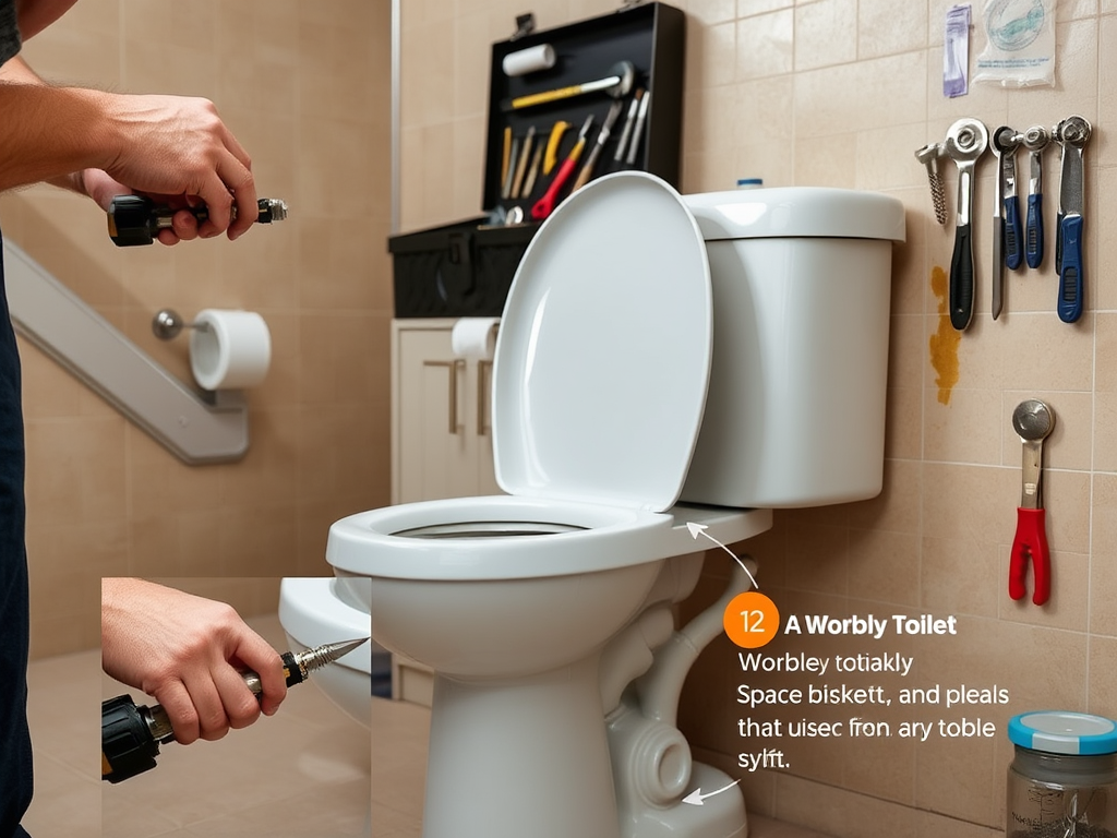 A person repairs a toilet in a bathroom surrounded by tools, demonstrating home maintenance skills.