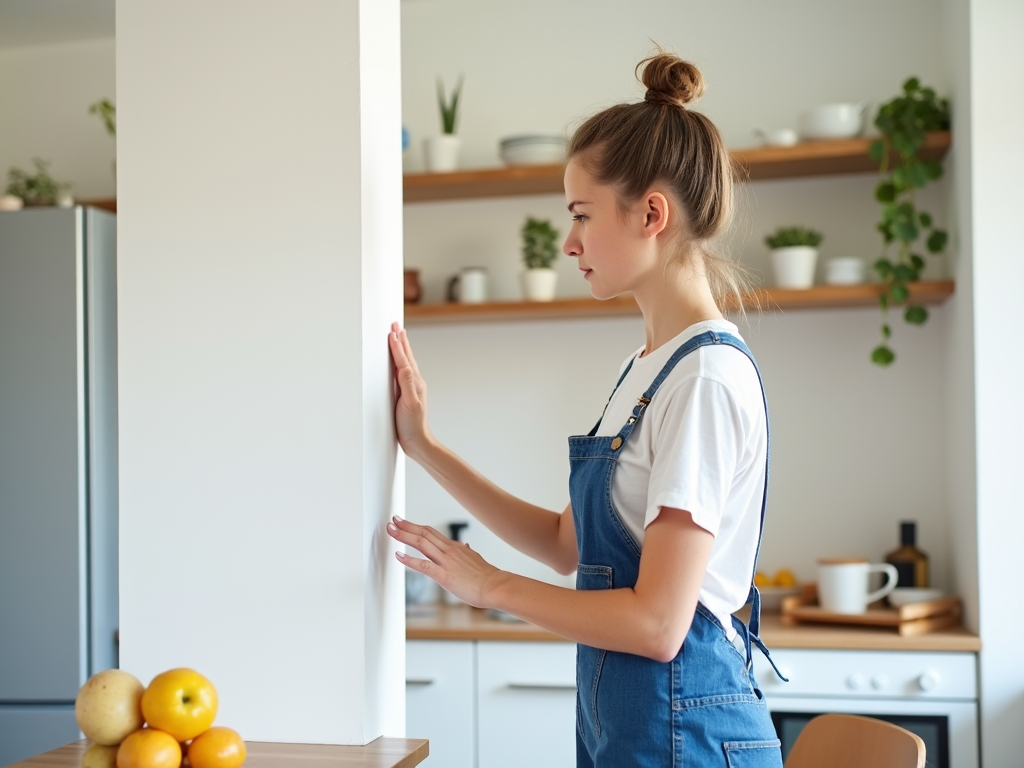 Young woman in denim overalls standing in a modern kitchen, touching a wall.