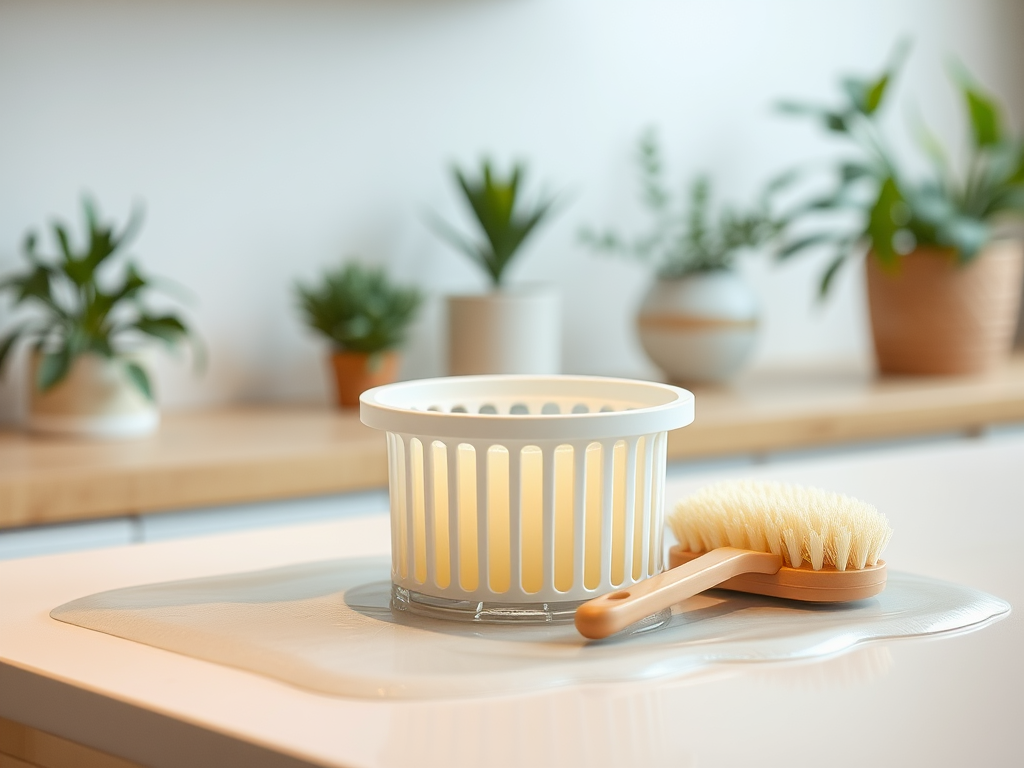 A white basket and a wooden brush are placed on a countertop with green plants in the background.