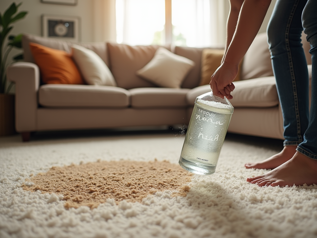 Person spilling a jar of sugar on a living room carpet, near a sofa.