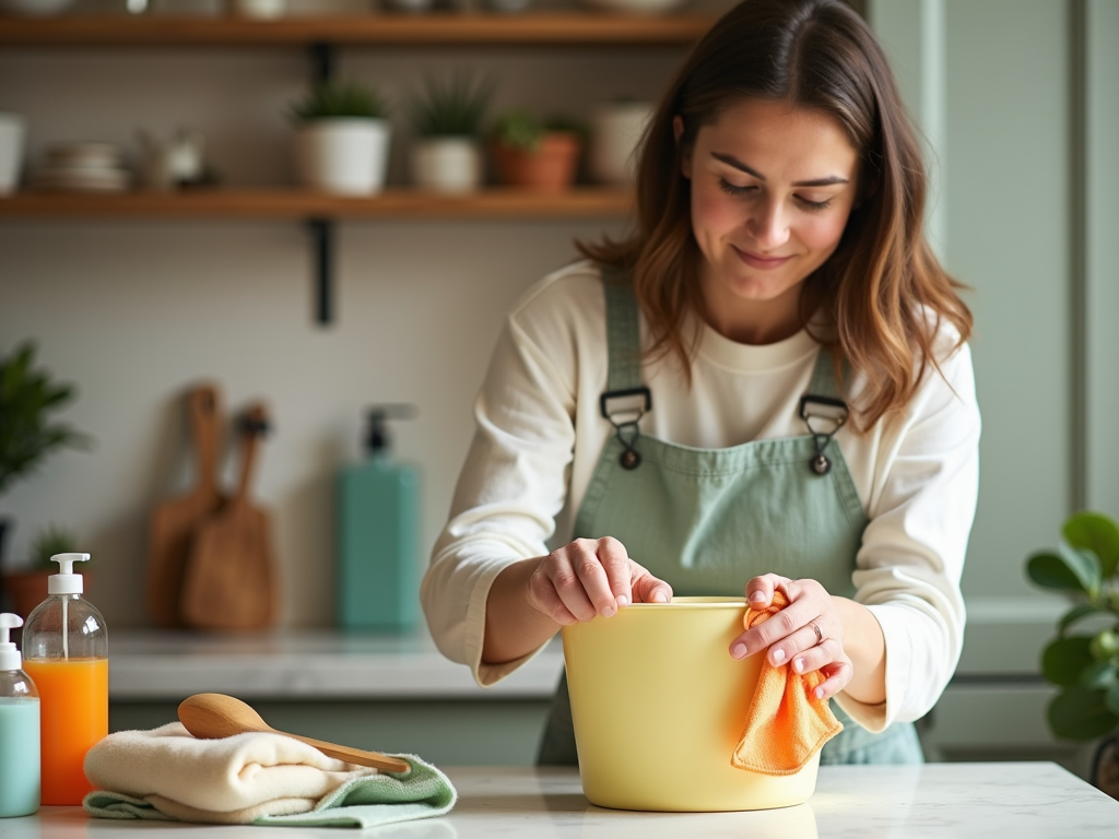 Woman cleaning a bowl with a cloth in a kitchen setting.