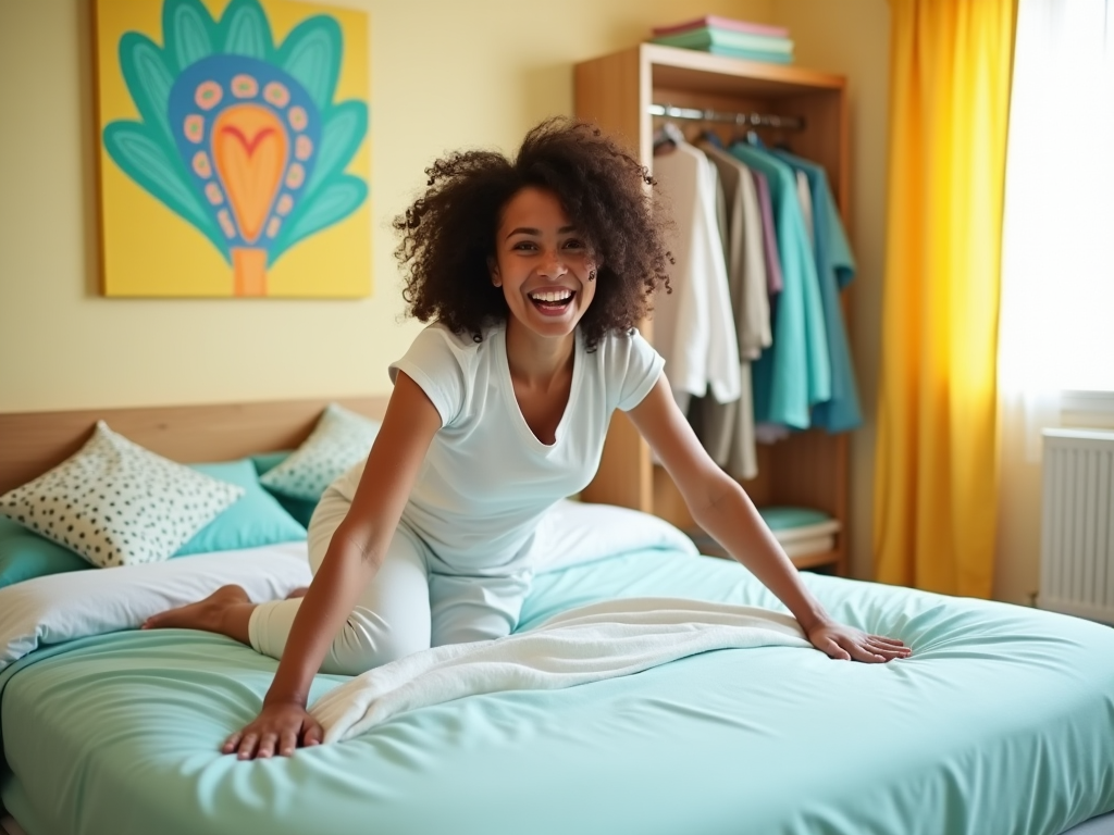 Happy woman with curly hair kneeling on a bed in a sunlit bedroom decorated with colorful art.