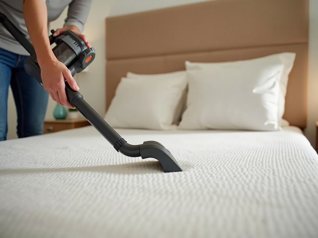 Person vacuuming a white bedspread with a handheld vacuum cleaner in a bedroom.