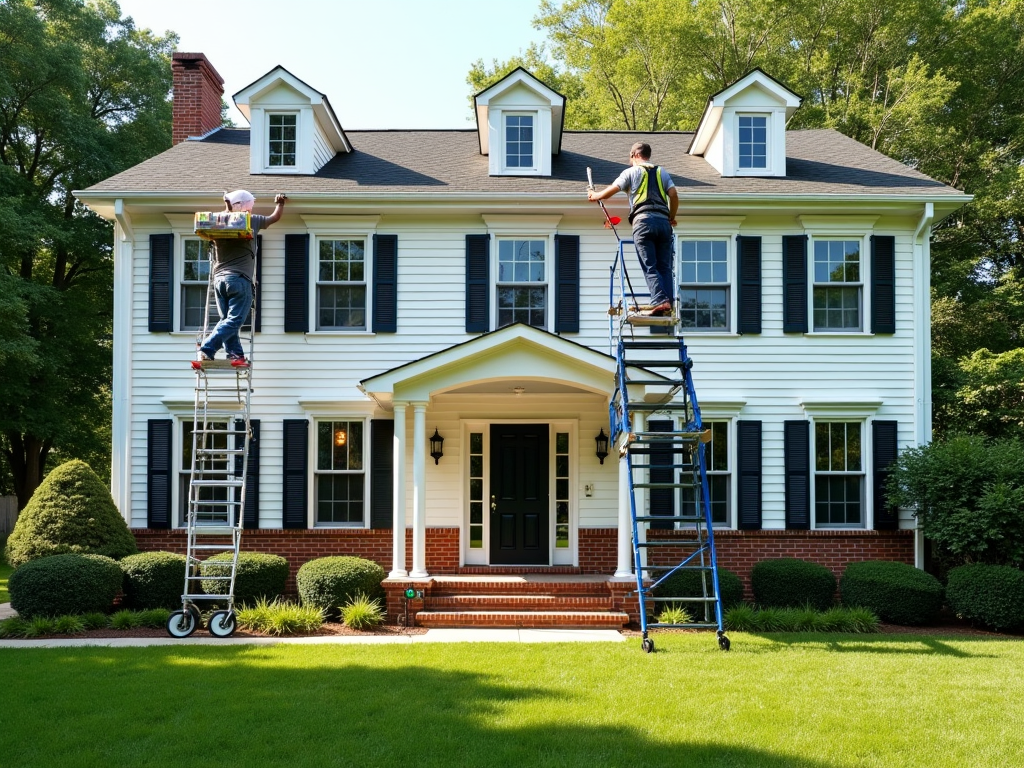 Two workers on ladders painting a large, white two-story house with black shutters.