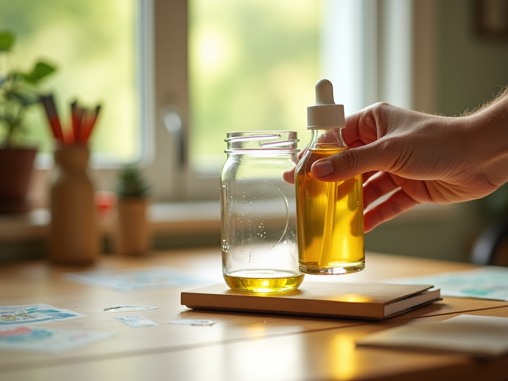 Person holding a dropper bottle next to a glass jar on a sunny desk with plants in background.