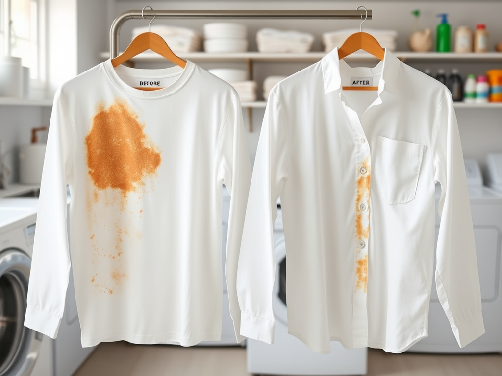 A side-by-side comparison of two white garments, showing a stained shirt labeled "Before" and a cleaned shirt labeled "After."