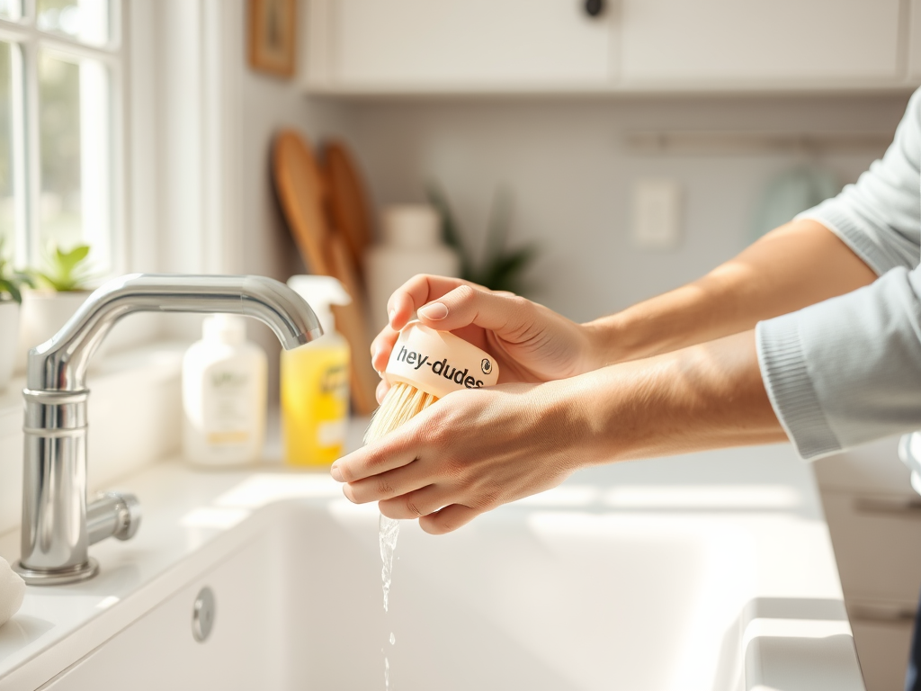 A person washes a product shaped like a shoe under a running faucet in a bright kitchen setting.