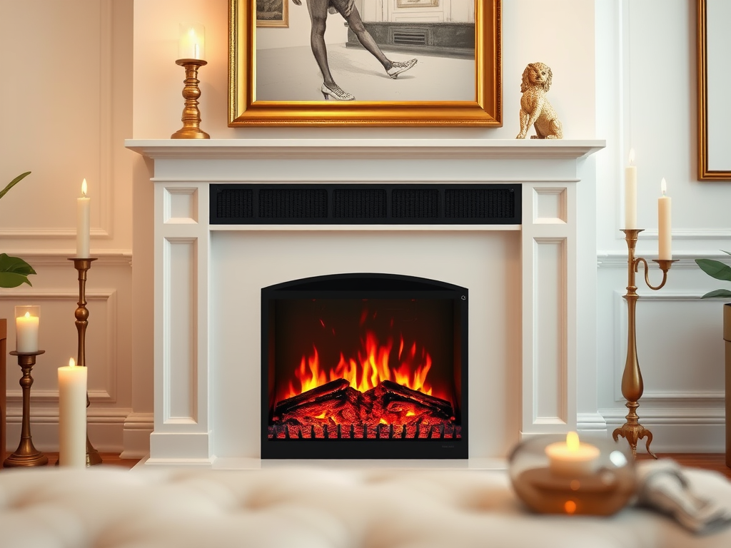 A cozy living room featuring a modern fireplace, candles, and elegant decor with a framed art piece above the mantel.