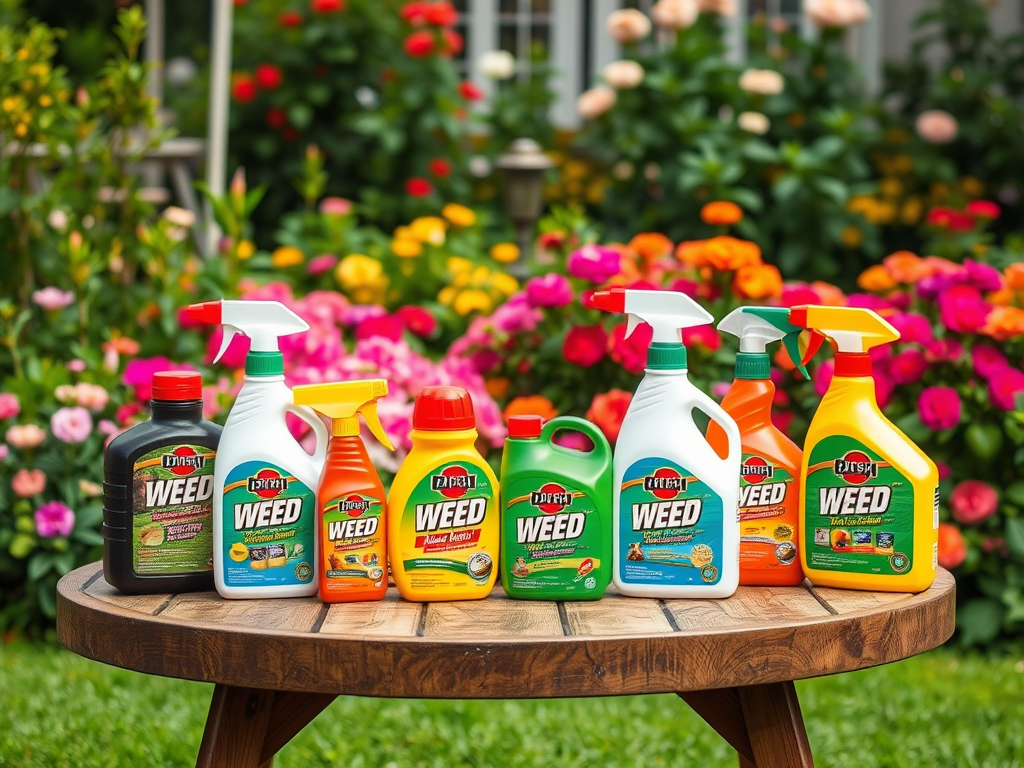 A wooden table displays various weed control products in front of a colorful flower garden.