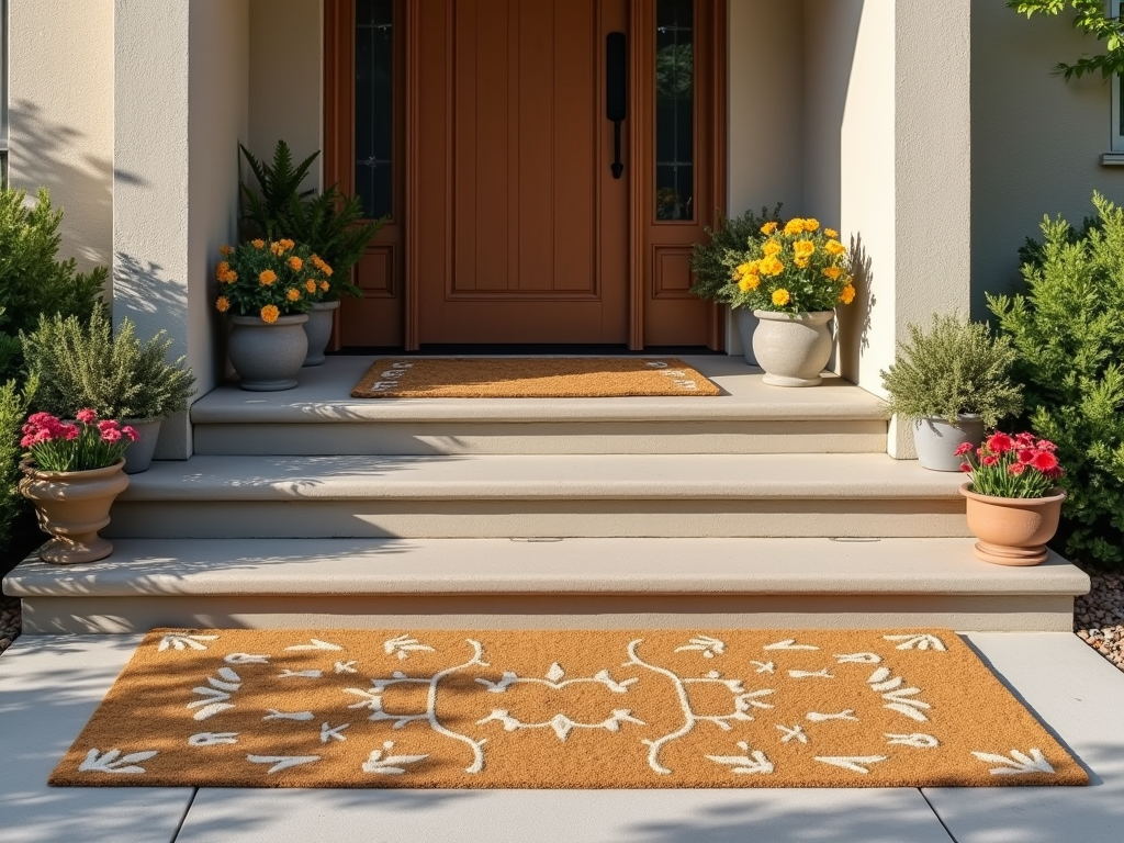 Sunny house entrance with decorative mats and potted flowers on steps.