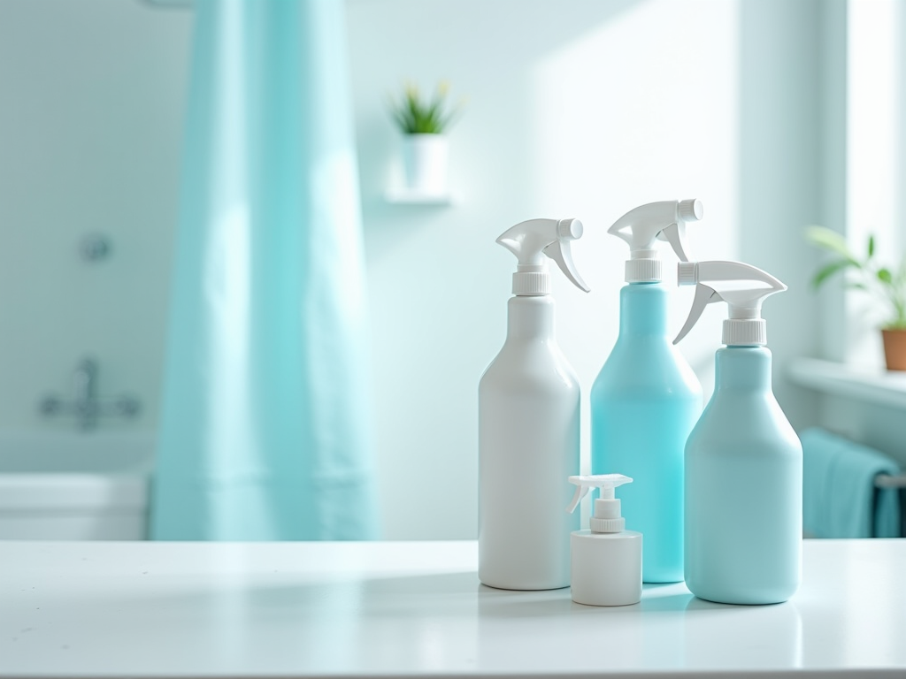 Five cleaning spray bottles in shades of white and blue on a bright bathroom counter.