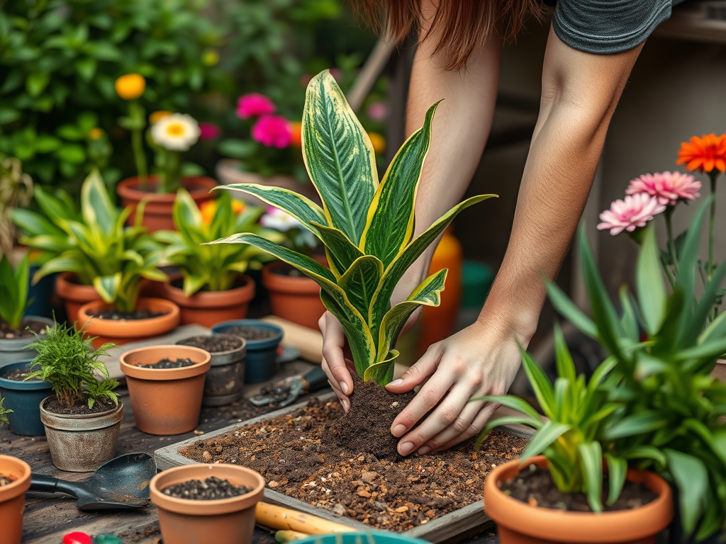 A person is planting a green leaf plant into the soil among various pots and colorful flowers in a garden setting.