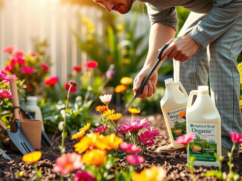 A person tending to vibrant flowers in a garden, using tools and organic gardening products under sunlight.