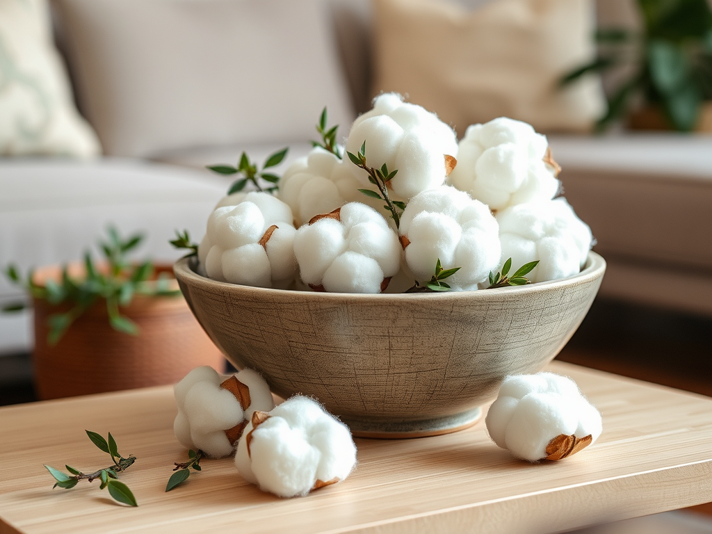 A bowl filled with fluffy cotton pods and fresh greenery, placed on a wooden surface in a cozy living room.