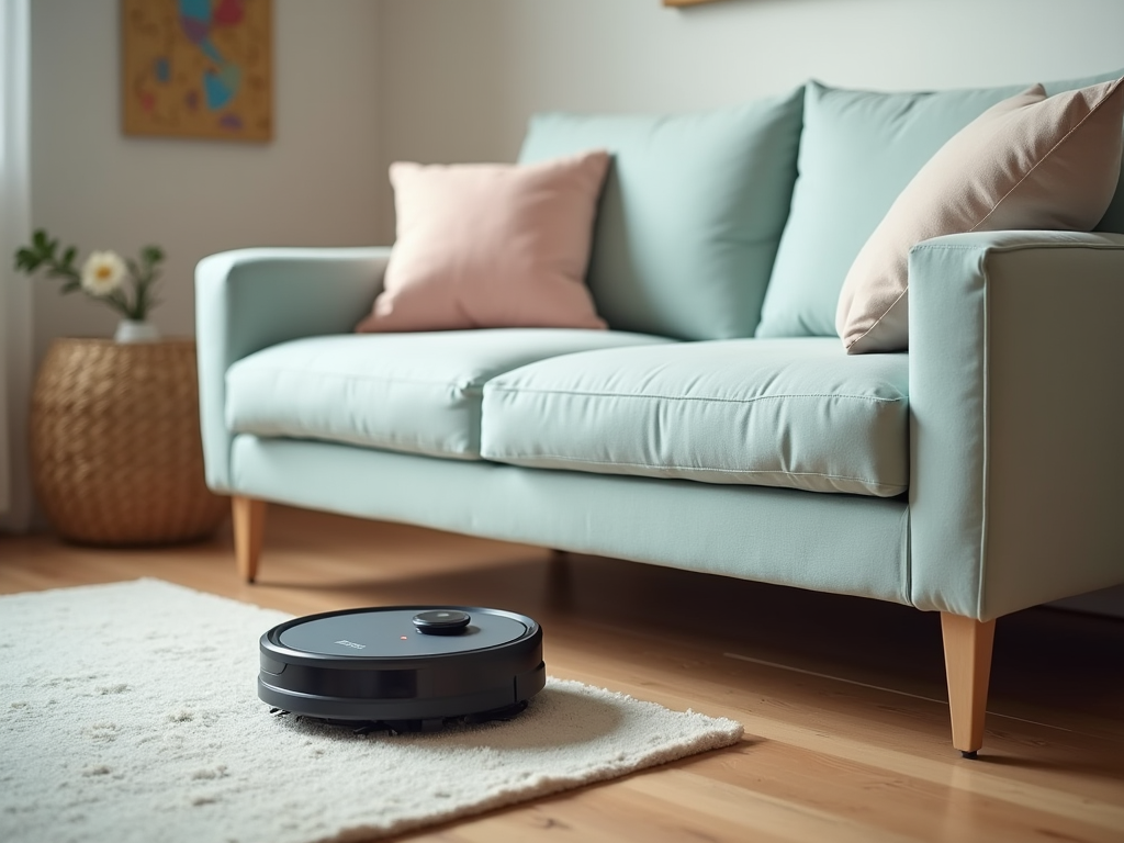 Robot vacuum cleaning on wooden floor near teal sofa with pillows in cozy living room.