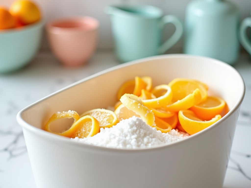 Sliced oranges and lemon zest in a white bowl, with kitchenware in the background.