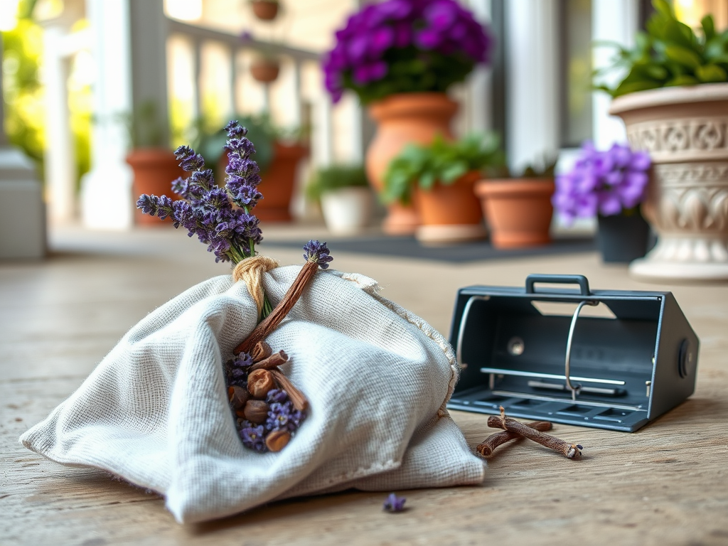 A small fabric sack contains lavender, cinnamon sticks, and cloves, placed on a wooden floor near potted plants.