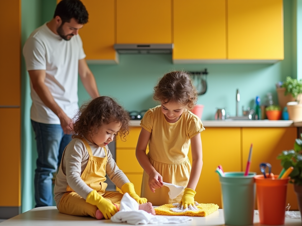 Father oversees two young girls cleaning kitchen counter in a vibrant, colorful kitchen.