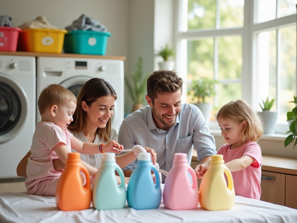 Family with young children happily sorting laundry detergents in a sunny room.