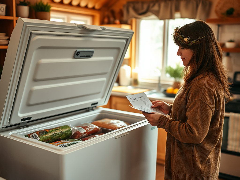 A woman checks a list while standing in front of a chest freezer filled with food in a cozy kitchen.