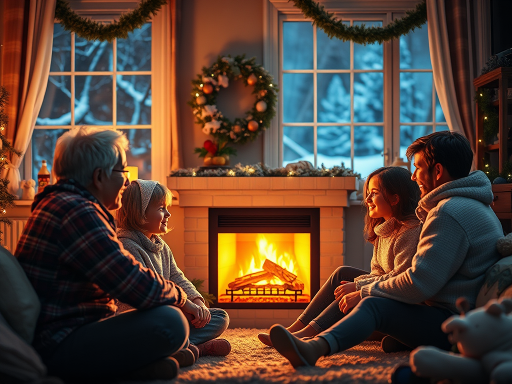 A cozy family gathering by a fireplace, adorned with winter decorations, as they share joyful moments together.