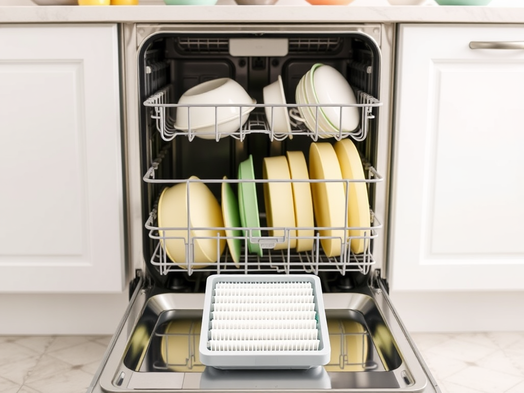 A dishwasher loaded with colorful plates in the top and bottom racks, with a filter visible in the bottom.