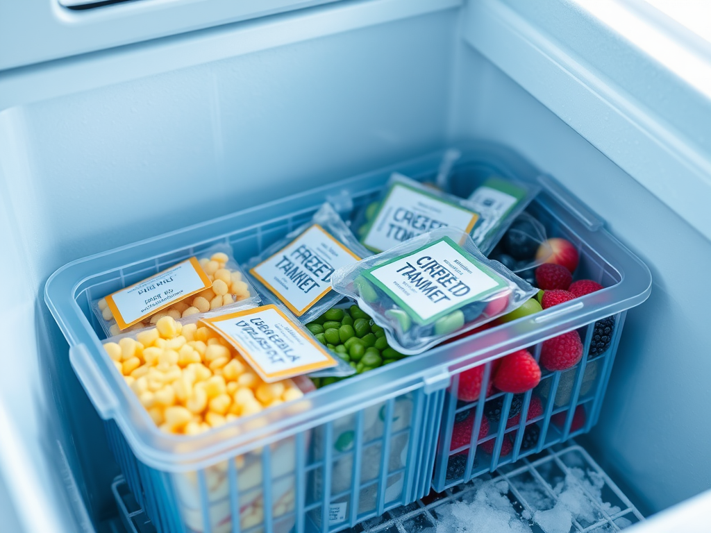 A clear container in a freezer holds various frozen fruits and vegetables, neatly organized with labels.