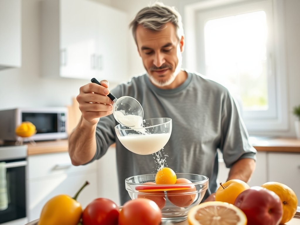 A man is pouring sugar into a mixing bowl with eggs and fruits on the countertop in a bright kitchen.