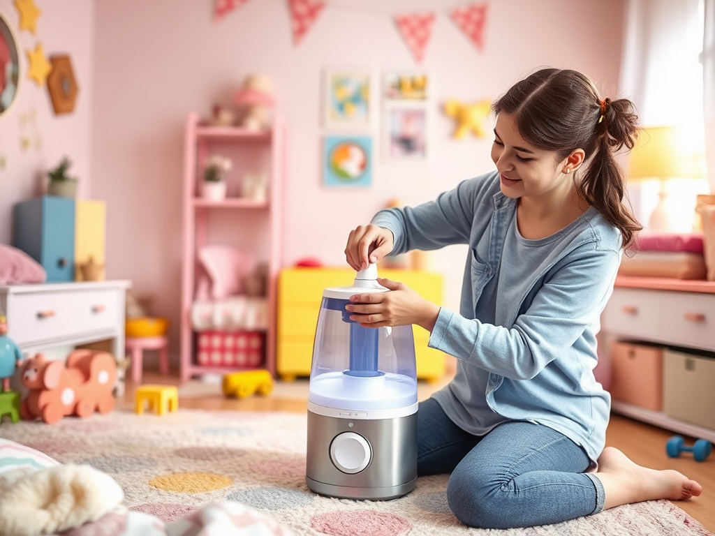 A girl is happily using a humidifier in a colorful, playful room with cheerful decor and toys scattered around.