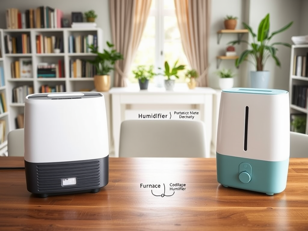 Two humidifiers sit on a wooden table in a cozy room, with bookshelves and plants in the background.