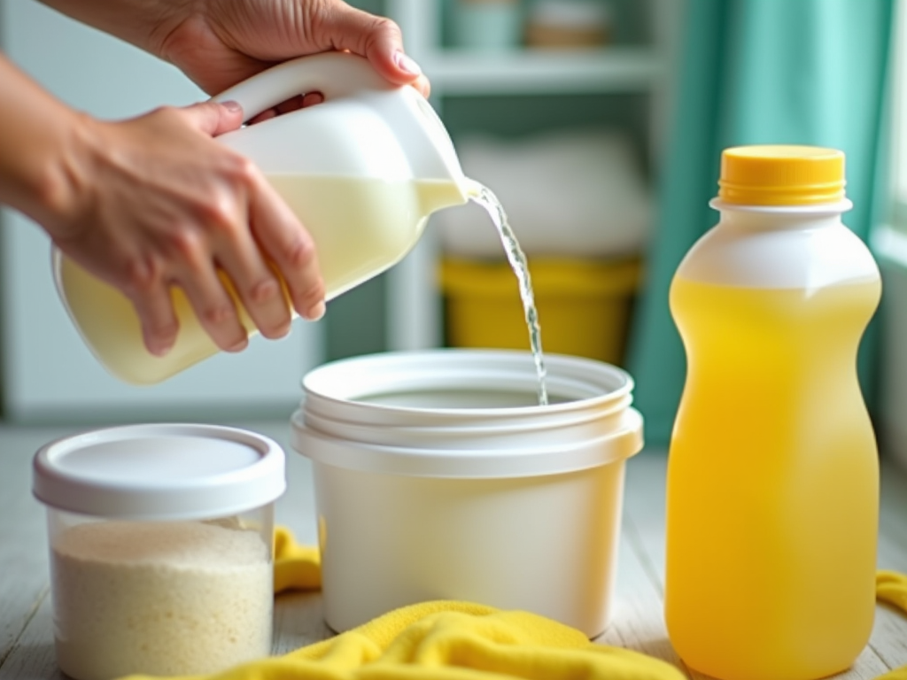 Hands pouring liquid from a white jug into a container, with more containers and a yellow cloth nearby.