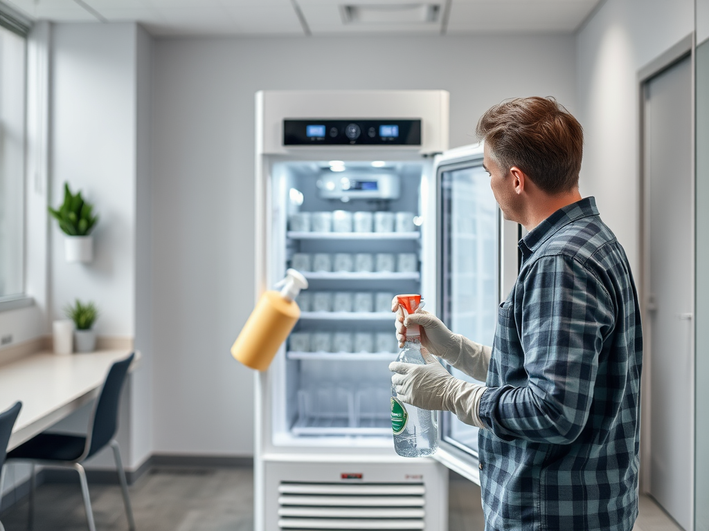 A person in a checked shirt is cleaning a refrigerator with a spray bottle, wearing gloves in a bright room.